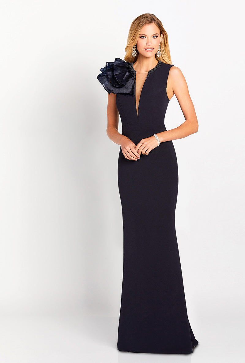 Black 3D Flowers Plunging Neckline Mother of The Bride Dress