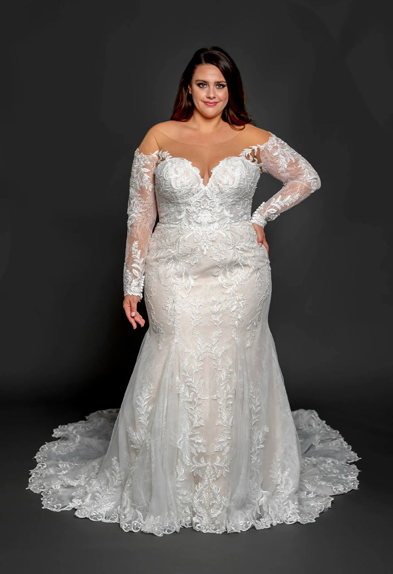 Plus Size Illusion Neck Long Sleeve A Line Court Train Wedding Dress