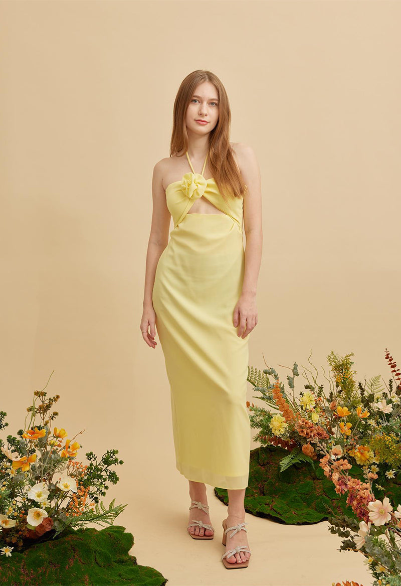 Yellow Chiffon Tea Length Dresses