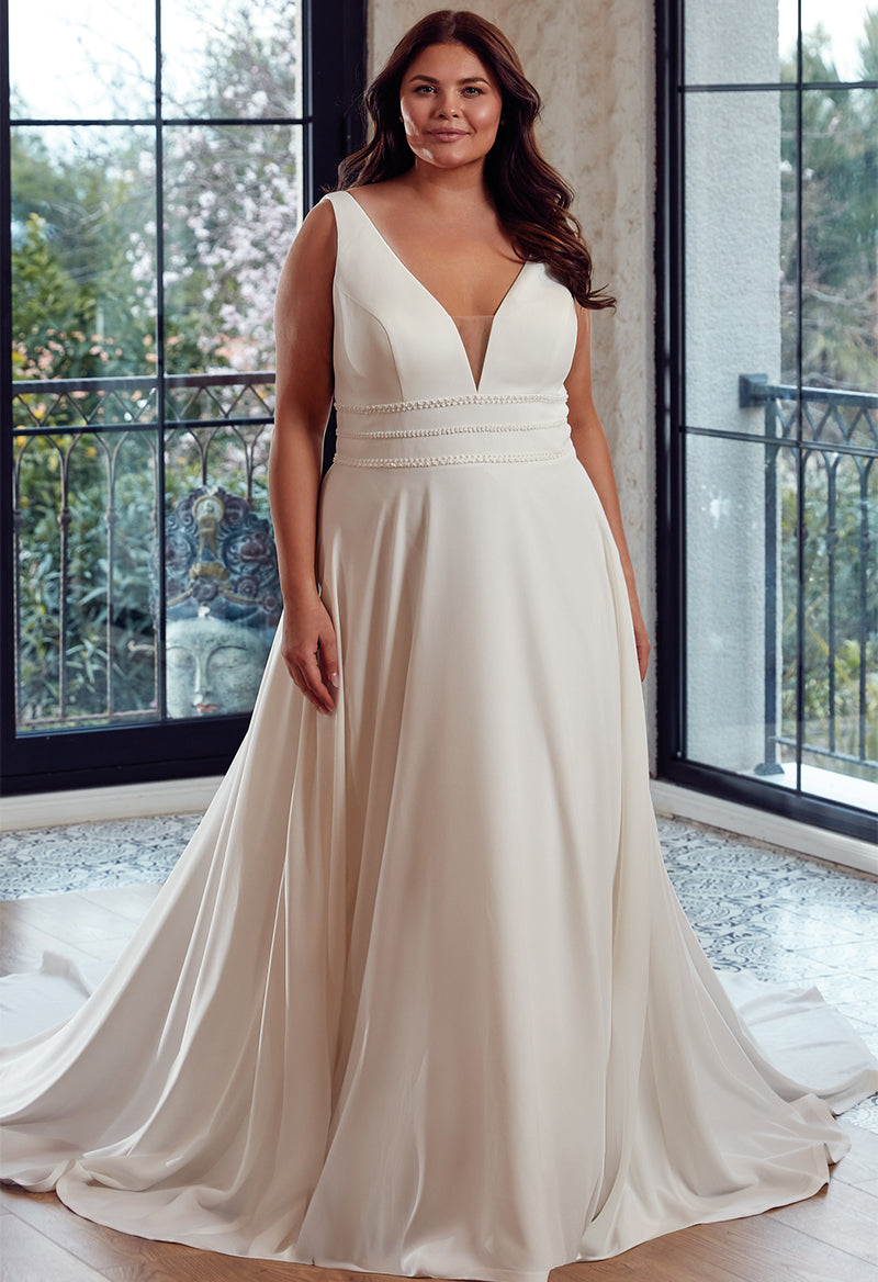 Plus Size V Neck Satin Sleeveless Court Train A Line Plain Wedding Dre –  Pandrodressy