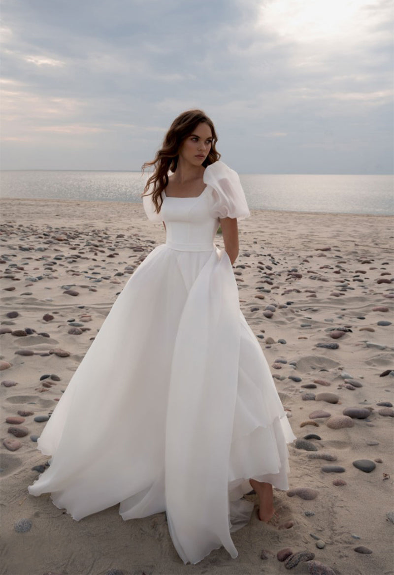 Square Neck Puff Sleeve Chiffon Princess Sweep Train Wedding Dress