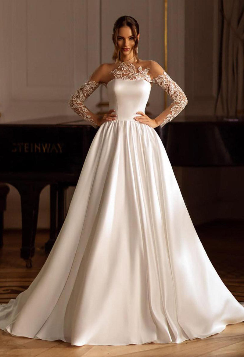 Turtle Neck Long Sleeve A Line Sweep Train Satin Wedding Dress With Wr Pandrodressy