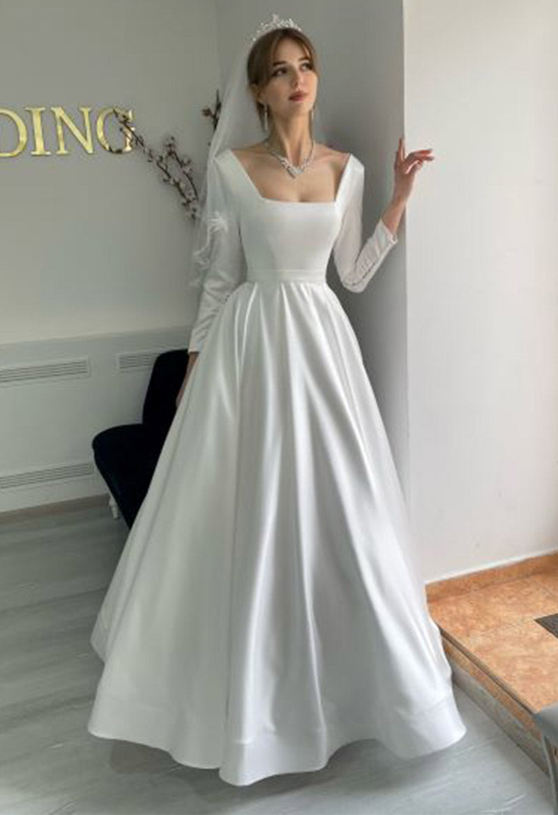 Plain satin long 2025 sleeve wedding dress