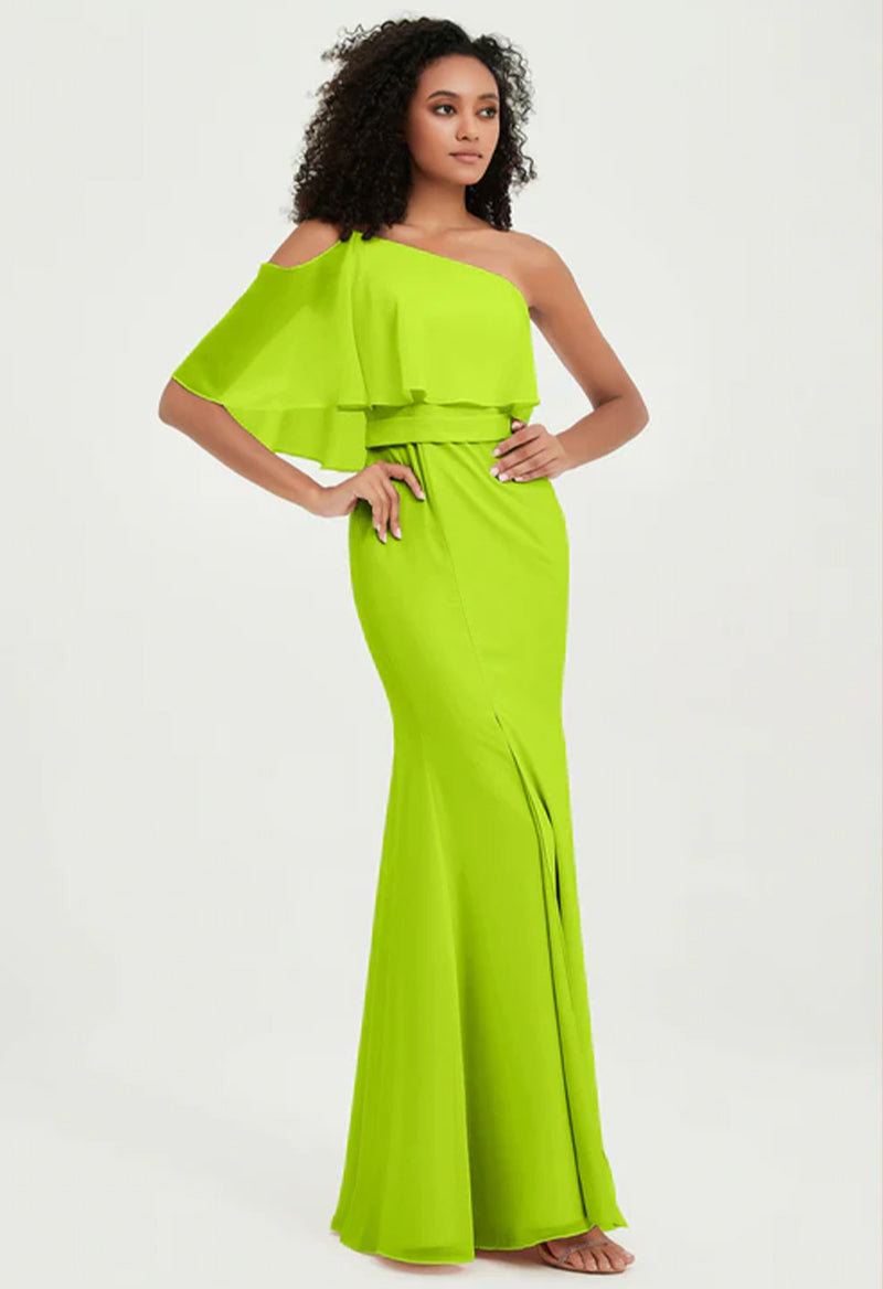 Lime Green One Shoulder Sleeveless Slit Chiffon Floor Length Bridesmai –  Pandrodressy