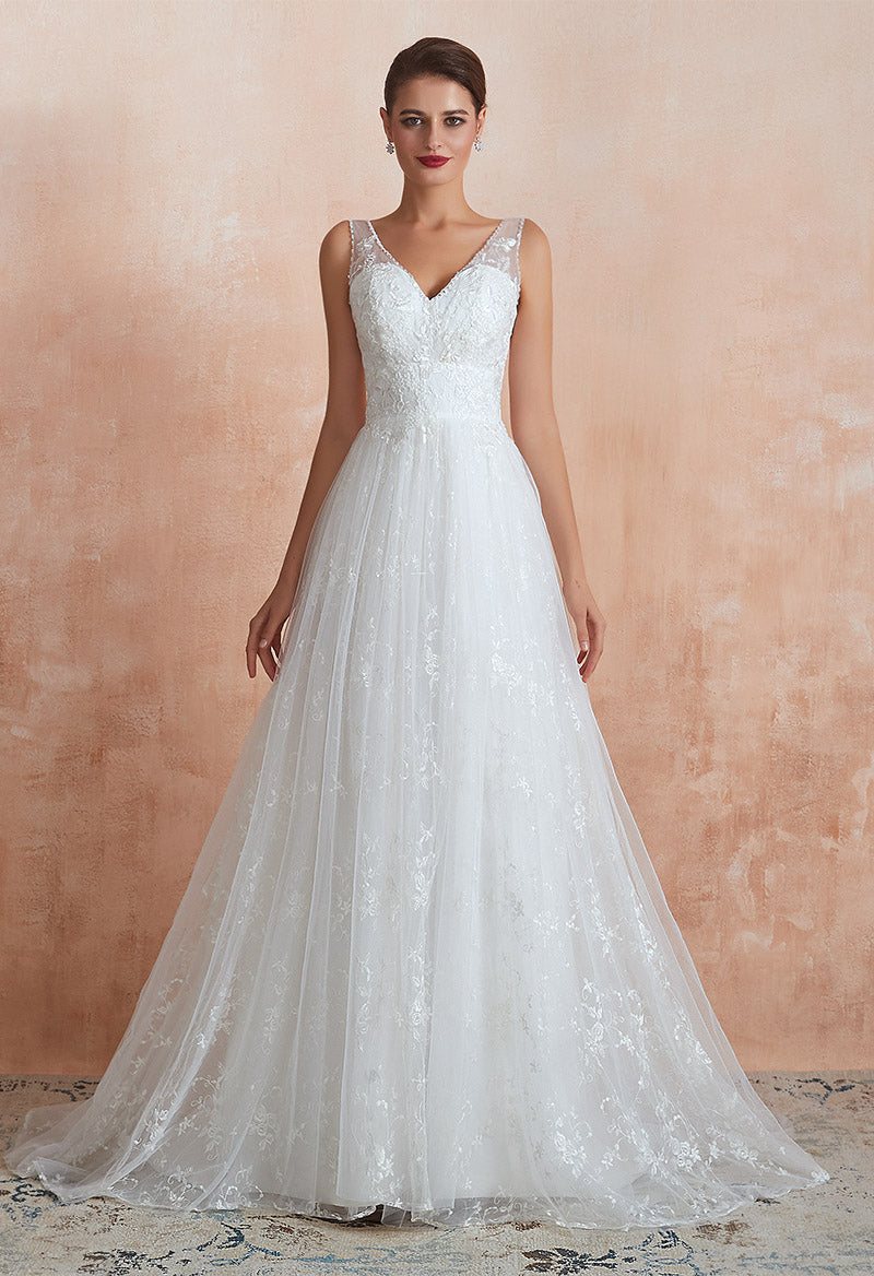 V Neck Sleeveless A Line Tulle Sweep Train Appliqu d Wedding Dress