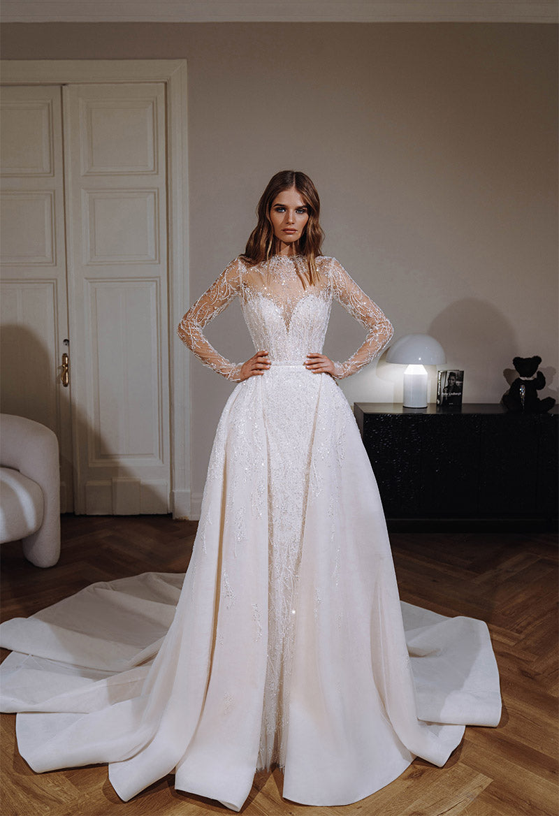 High Neck Sequin Lace Long Sleeve Sheath Sweep Train Wedding Dress Wit –  Pandrodressy