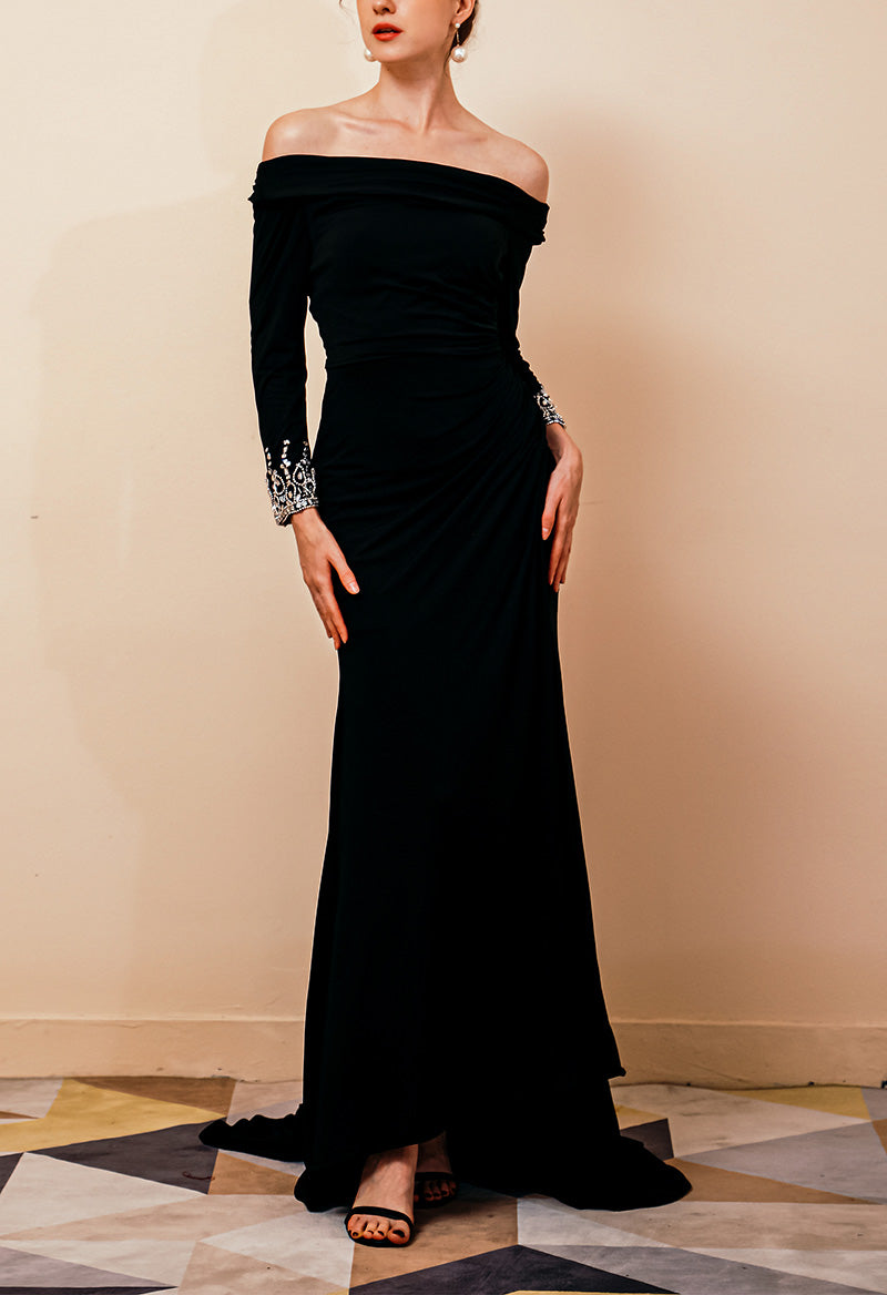 High Low Designed Neck Slit Long Sleeve Beaded Velvet Mother Of The Bride Dress