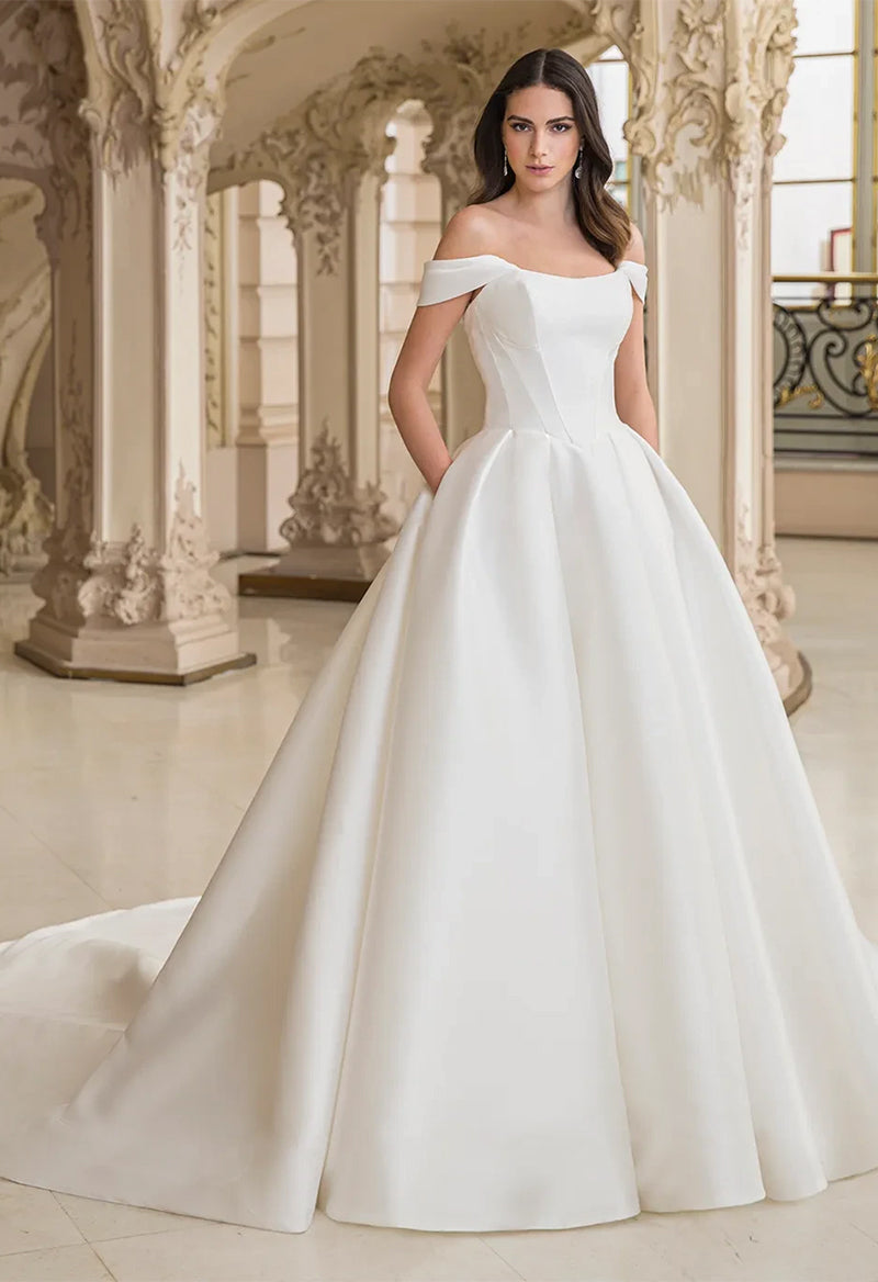 Detachable Sleeve Boat Neck Ball Gown Pocket Satin Wedding Dress