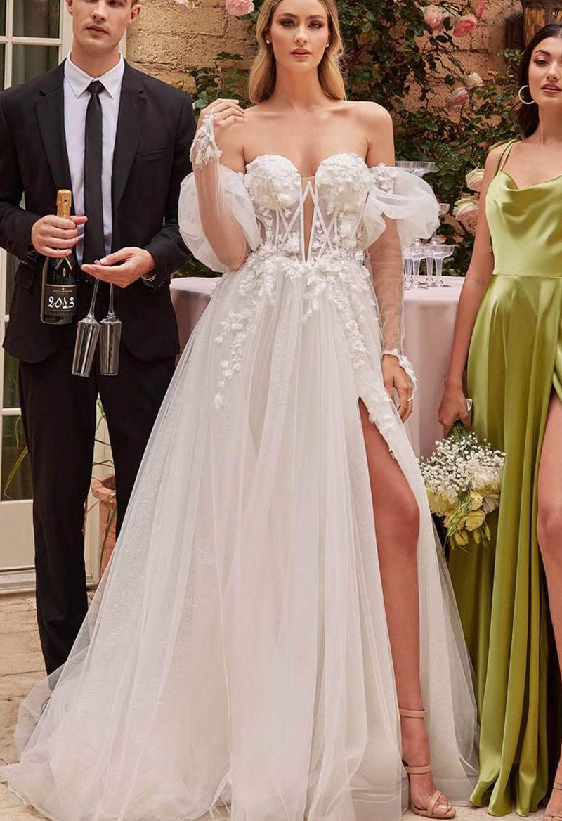 Ivory Organza Sweetheart Puff Sleeve Slit Wedding Dress