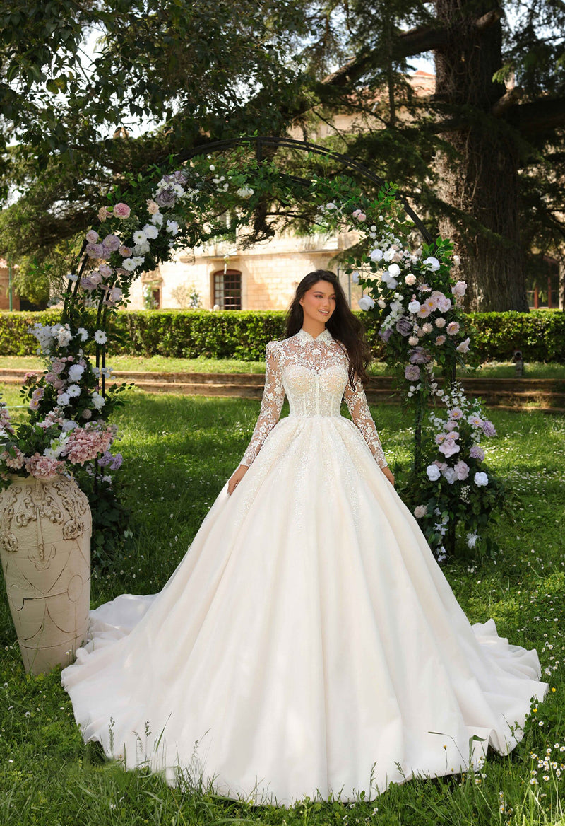 Long sleeve satin sales ball gown wedding dress