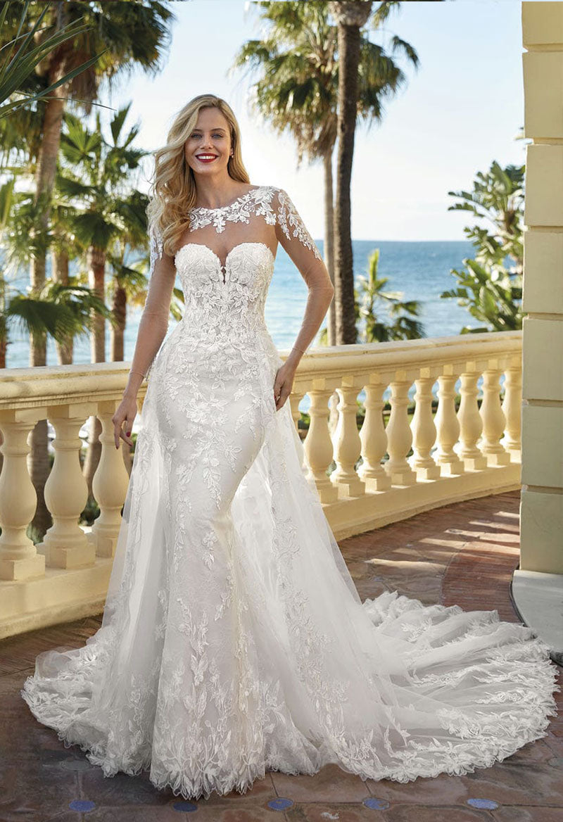 Sweetheart Neck Mermaid Tulle Applique Court Train Wedding Dress With Pandrodressy