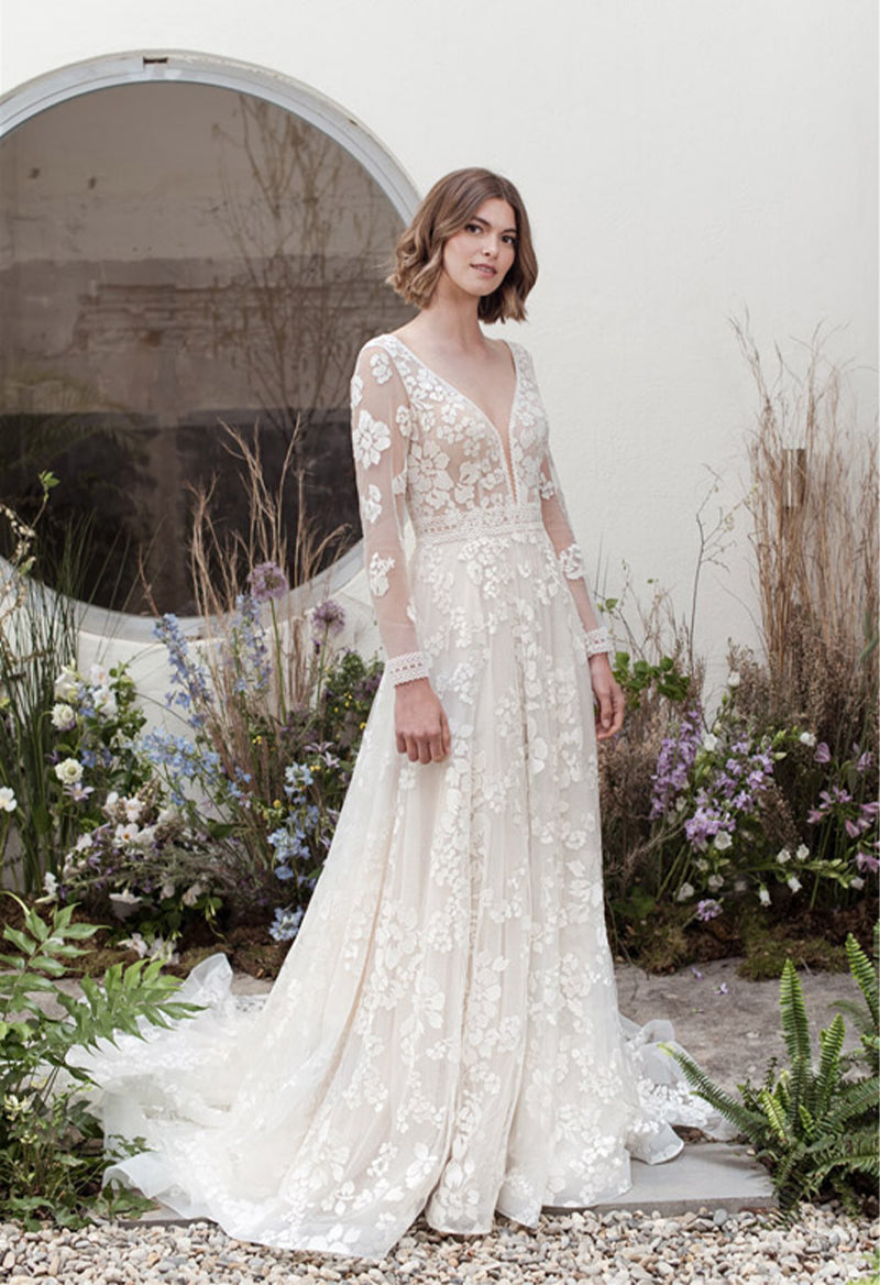 Long sleeve applique wedding on sale dress