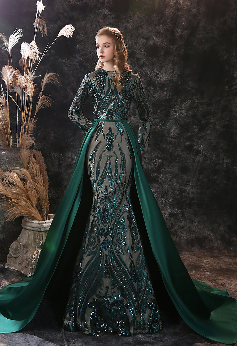 Long sleeve allover sequin clearance mermaid gown