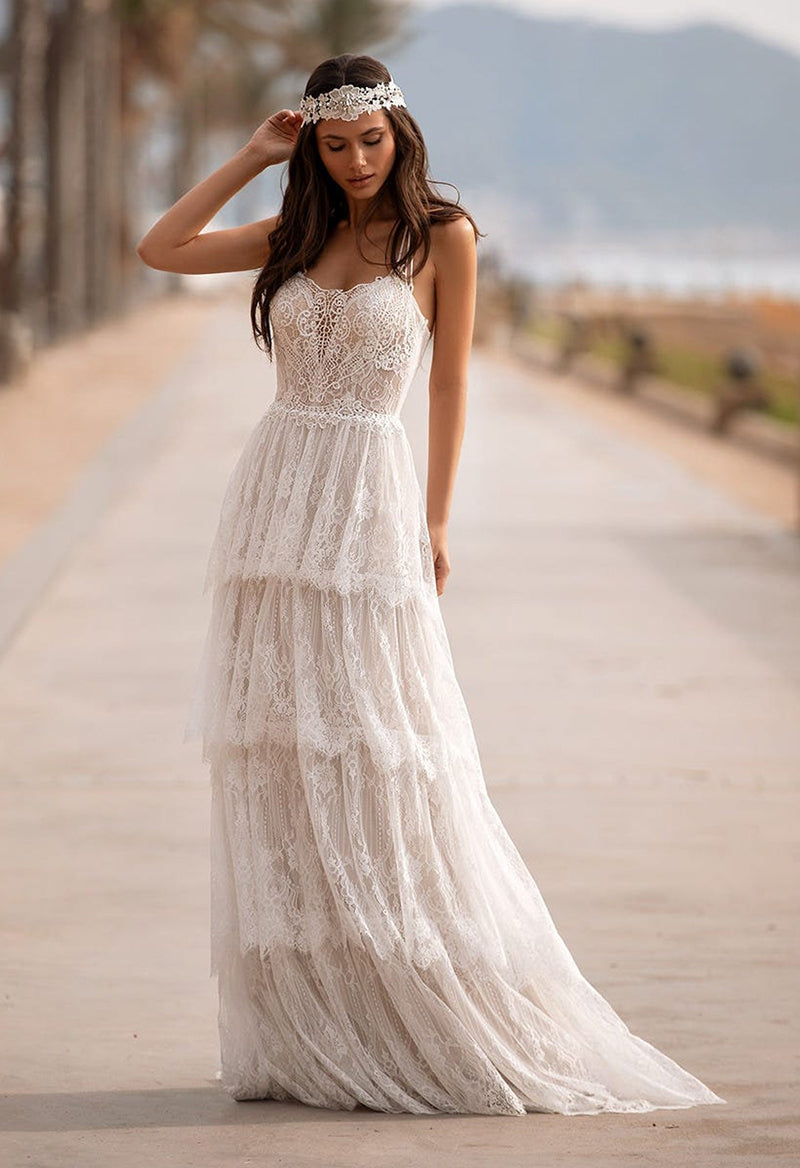 Layered Ruffled Lace Halter Neck Wedding Dress – Pandrodressy