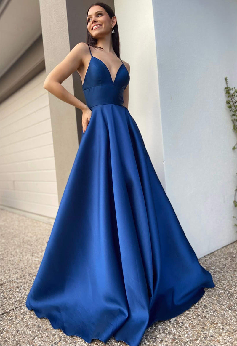 Plain Satin V Neck Sleeveless Sweep Train Evening Dress Pandrodressy