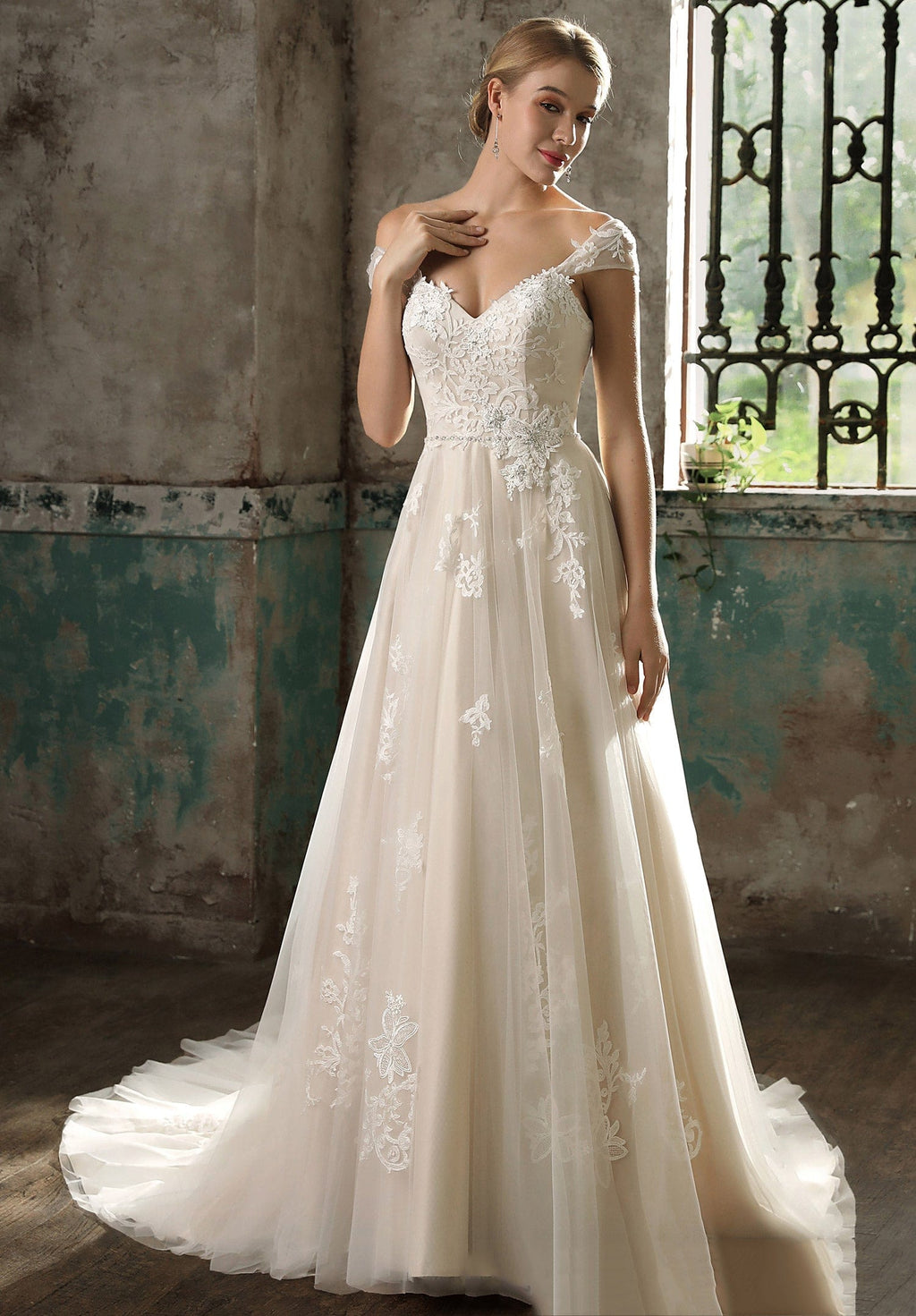 Detached Sleeve Champagne Lace Aline Wedding Dress