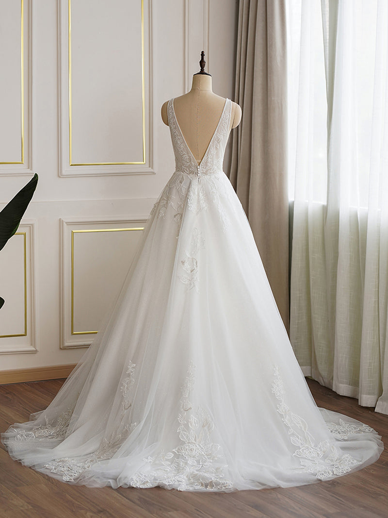 Beaded Neckline Lace Ball Gown Wedding Dress