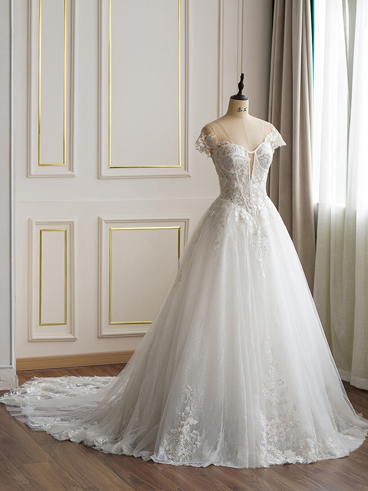 Illusion Neckline Chapel Train Wedding Dress