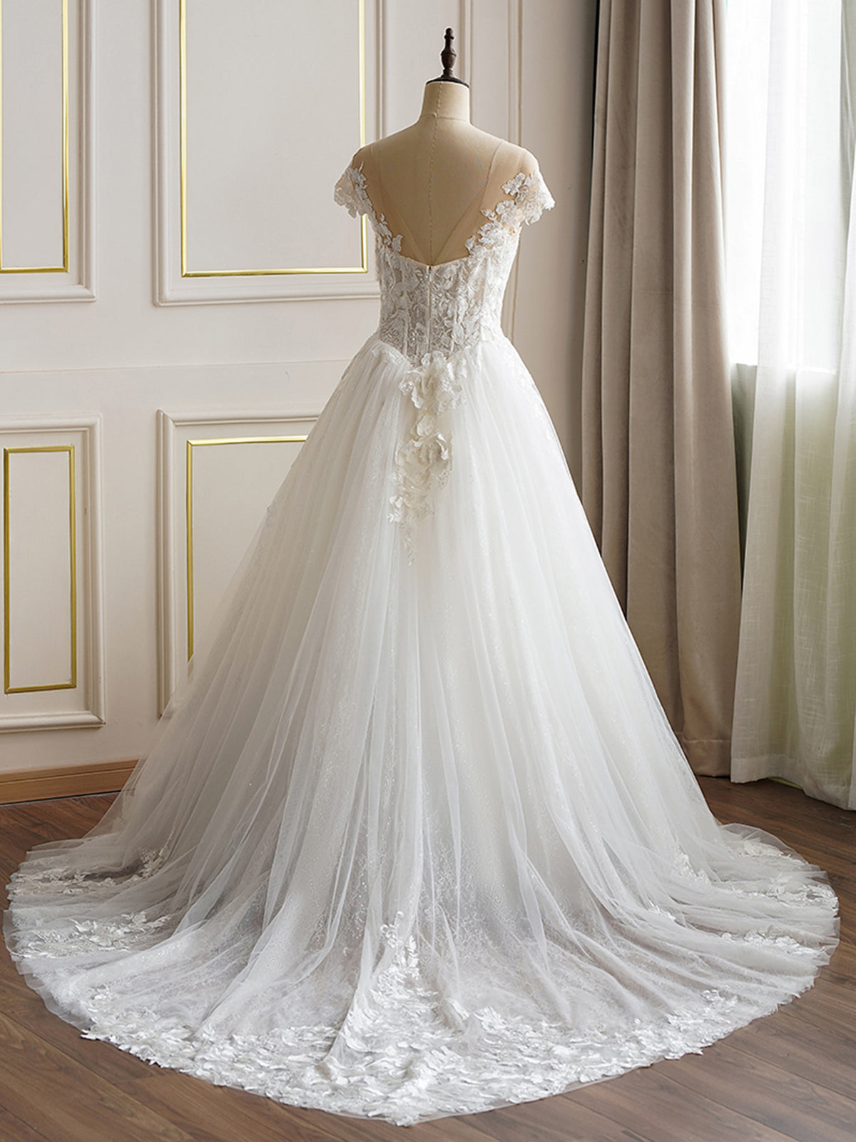 Illusion Neckline Chapel Train Wedding Dress