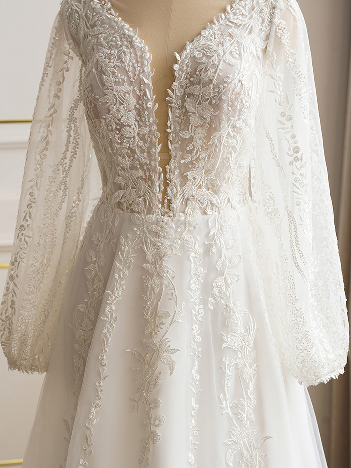 Lace Long Sleeve Plunging Neckline Wedding Dress