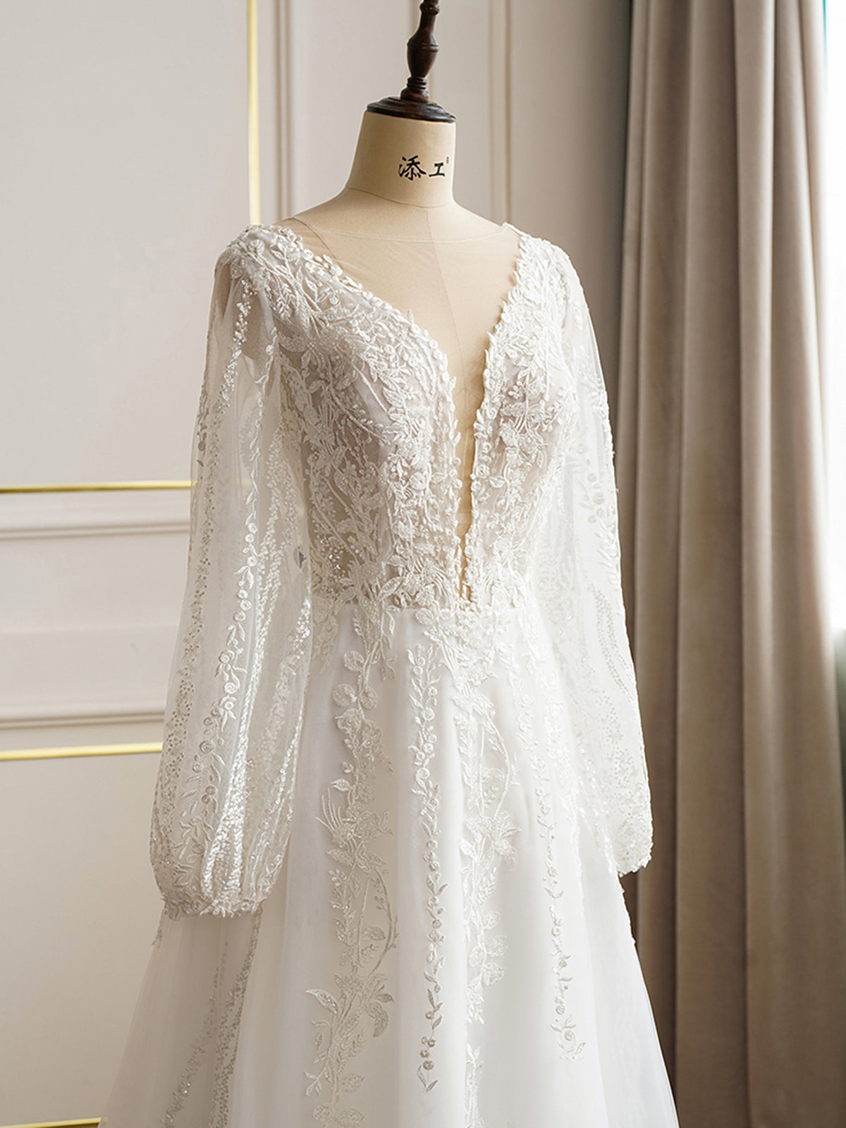 Lace Long Sleeve Plunging Neckline Wedding Dress