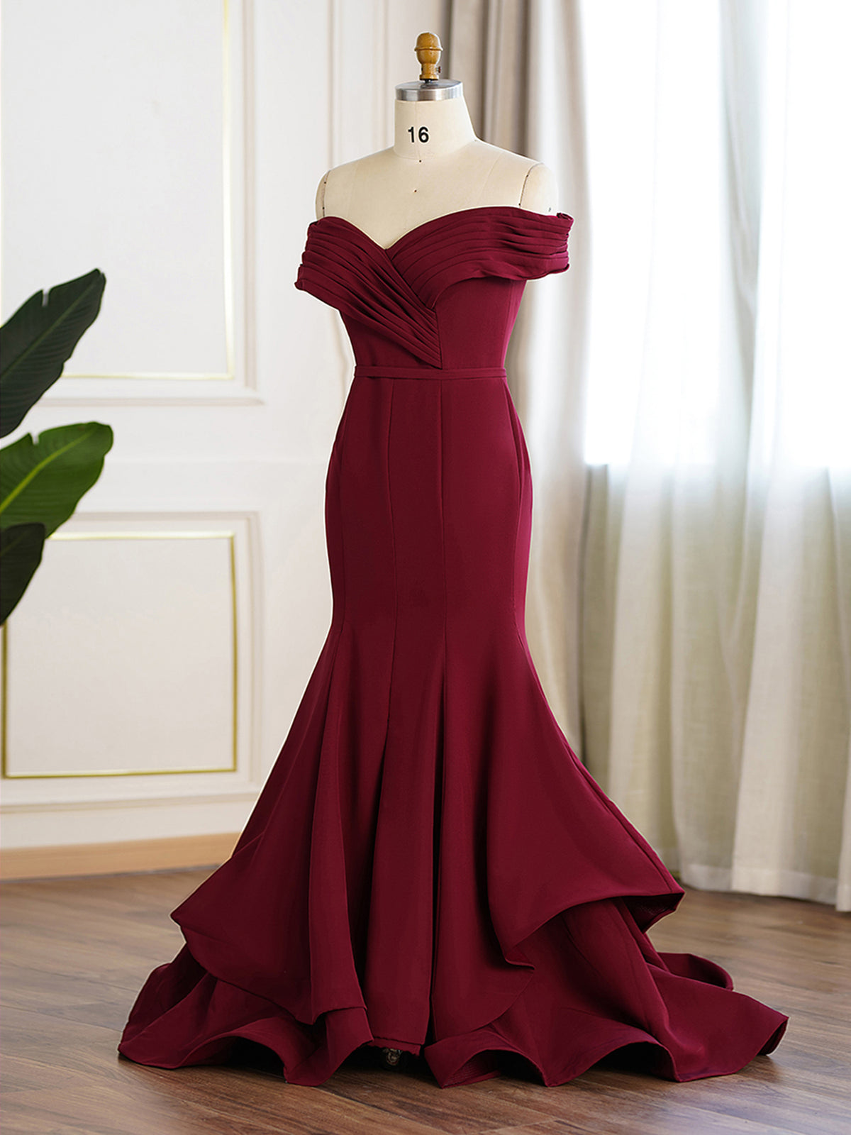 Burgundy Off-the-shoulder Trumpet Ruffle Evening Dress