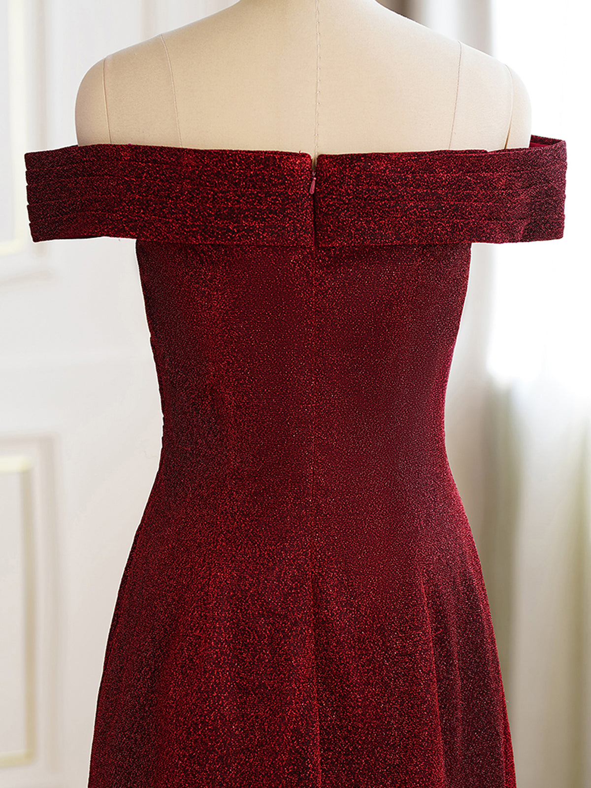 Burgundy Off-the-shoulder Trumpet Ruffle Evening Dress