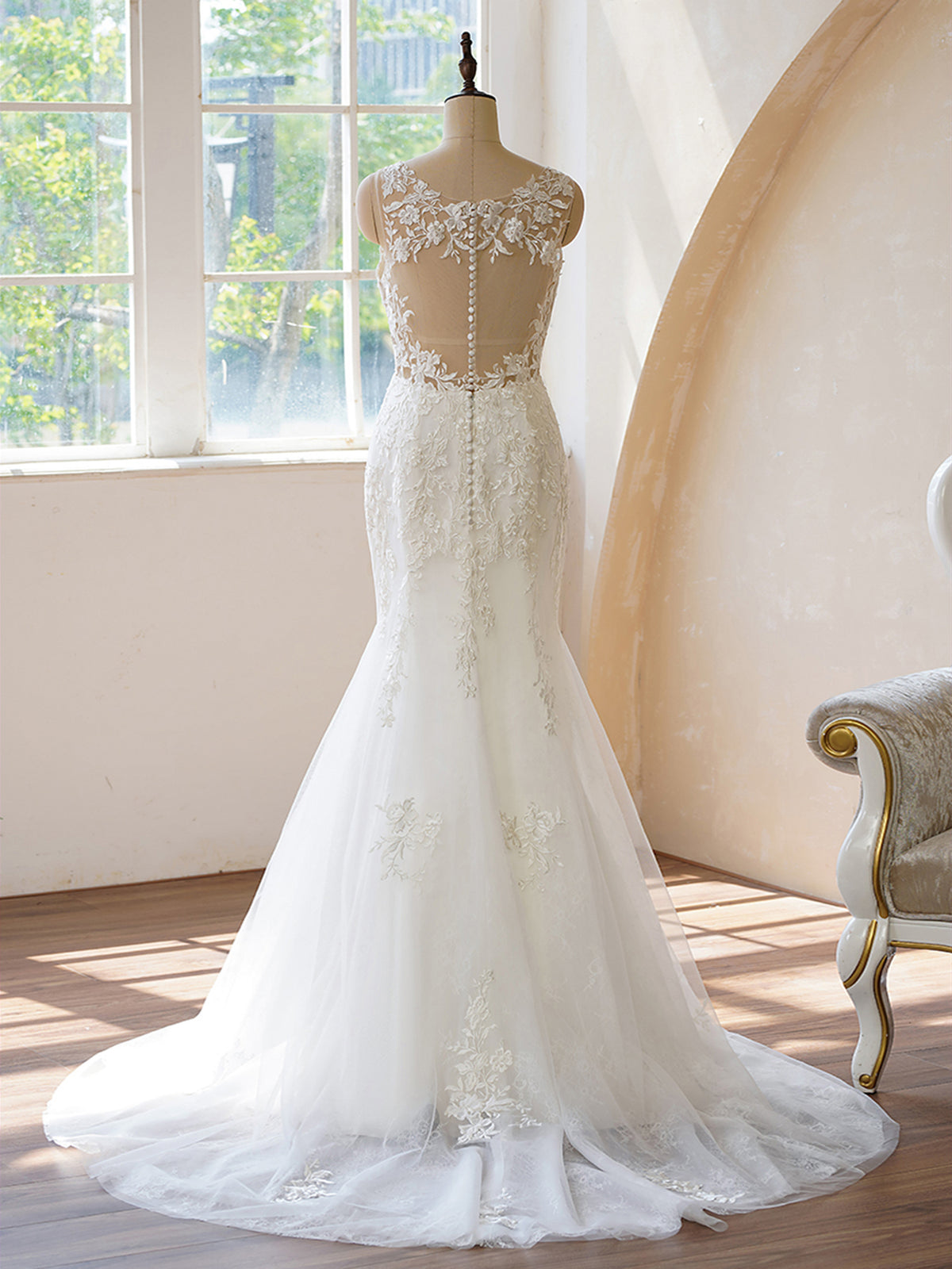 Open Back Fit and Flare With Applique Wedding Dress