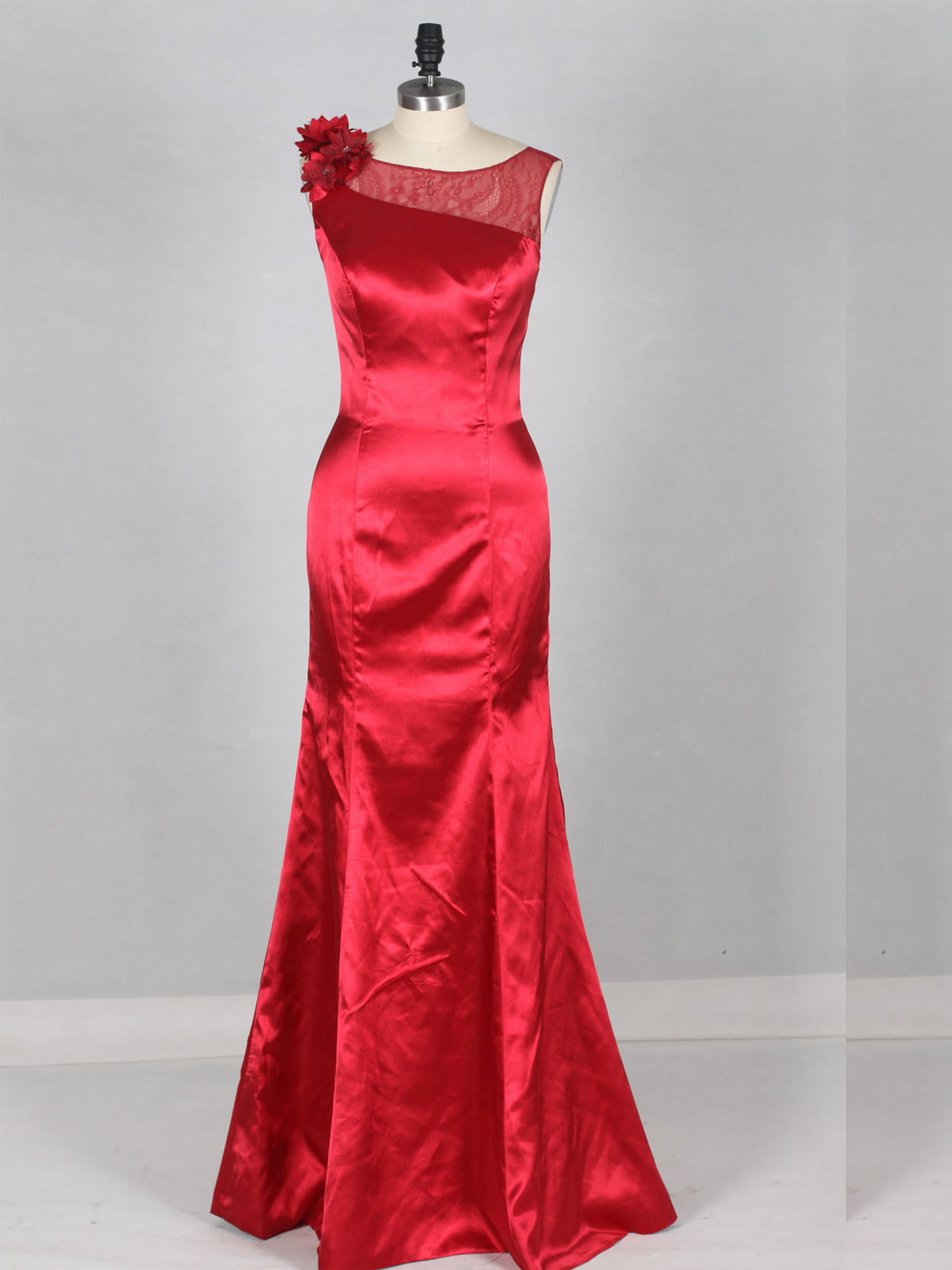 Red Illusion Neckline With Scarf Evening Dress As Picture