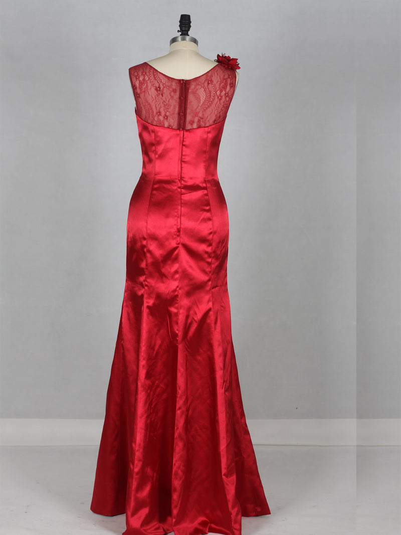 Red Illusion Neckline With Scarf Evening Dress