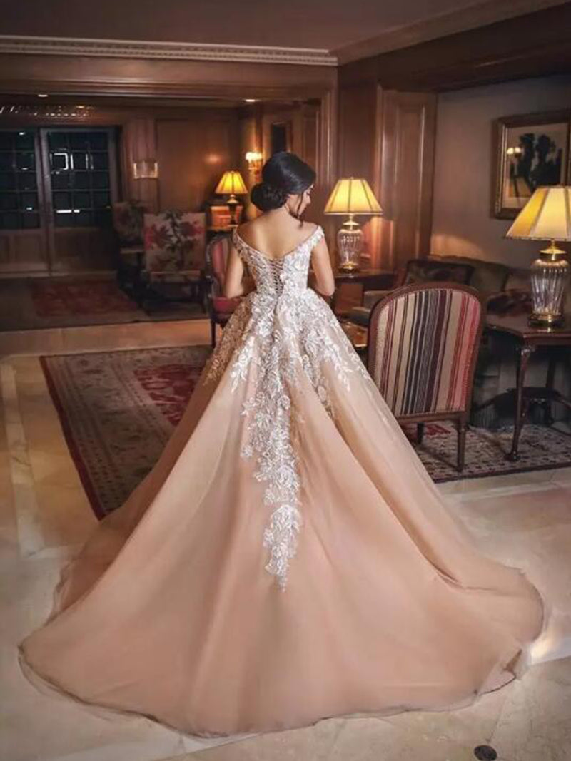 Champagne Lace Off-the-shoulder Wedding Dress