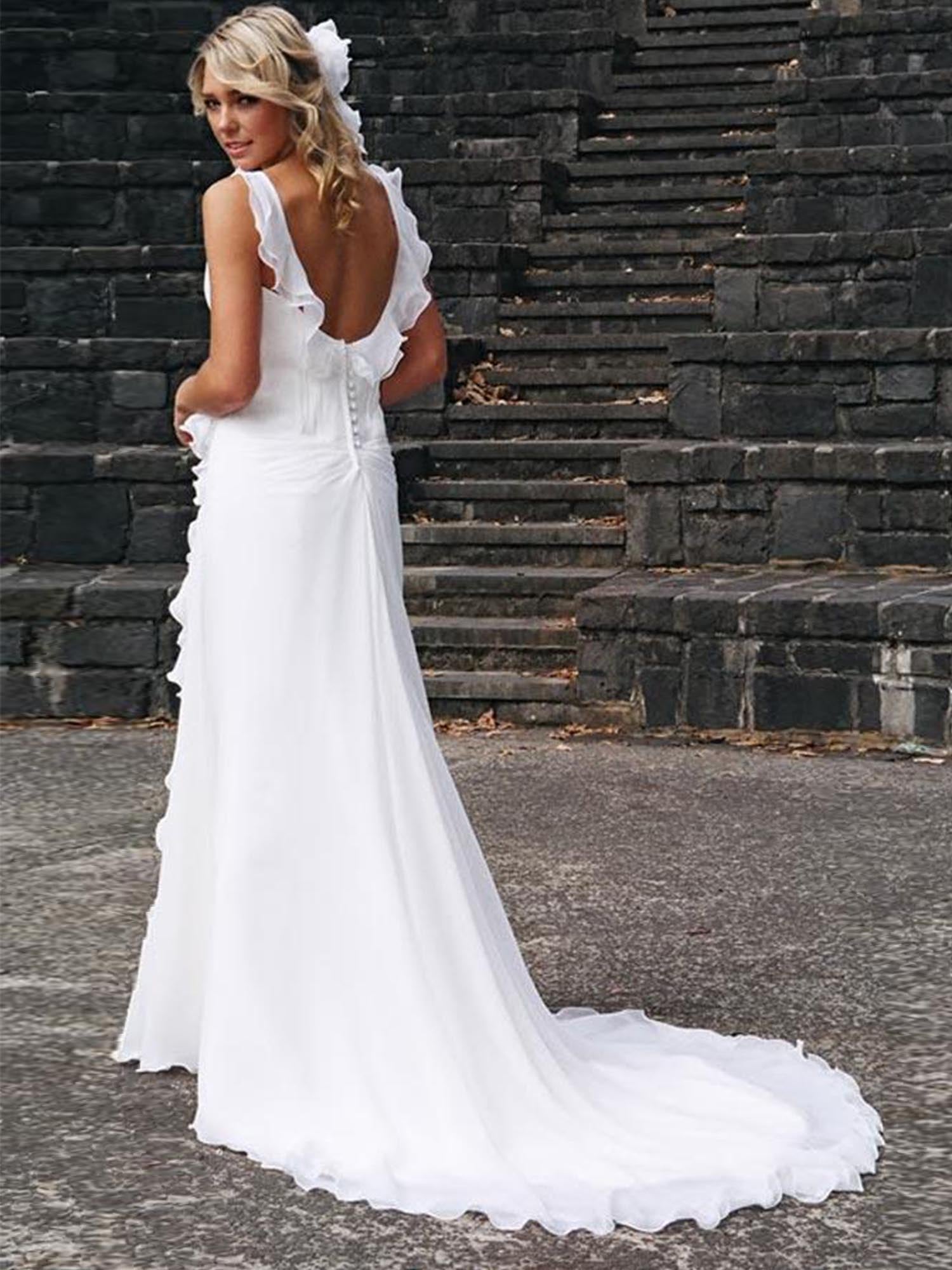 Wide Strap Open Back Ruffle Aline Wedding Dress