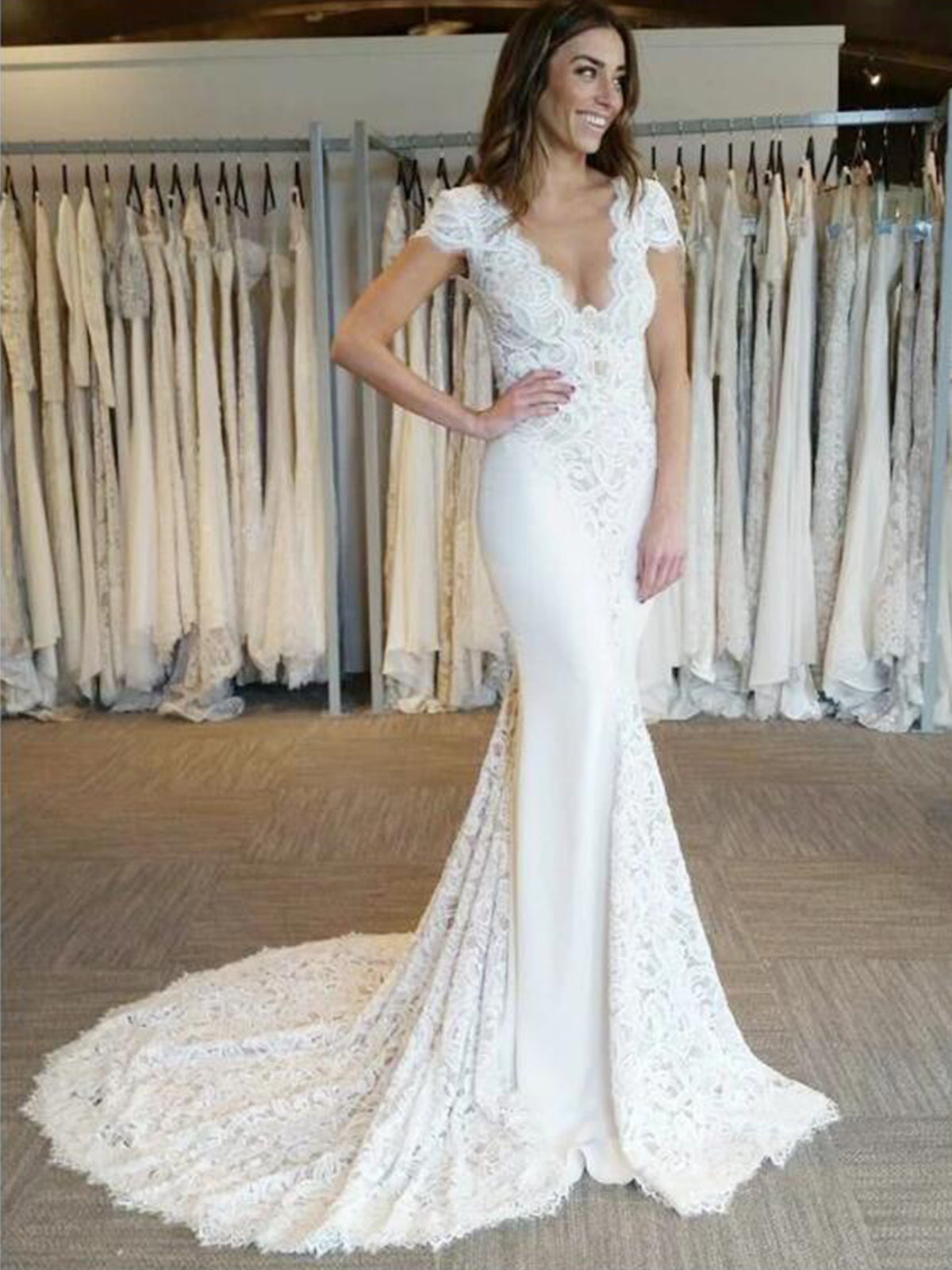 Sexy Plunging Neck Lace Sheath Cap Sleeve Wedding Dress As Picture