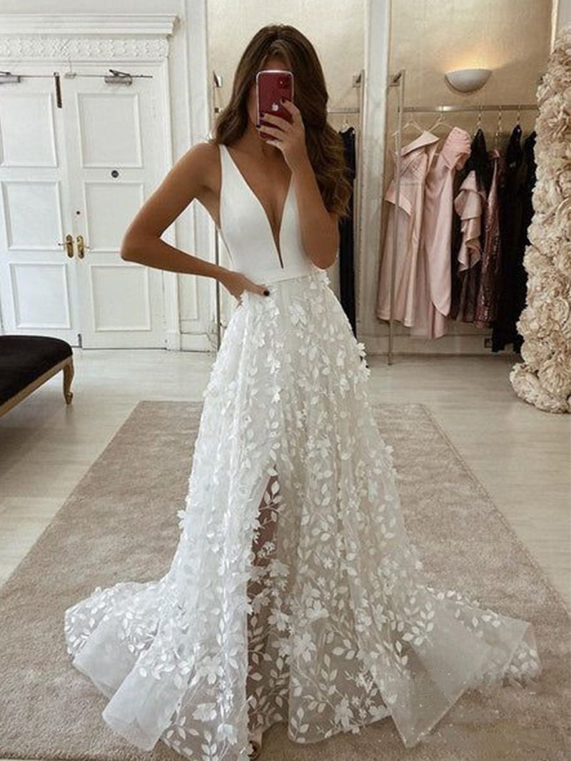 Plunging Neck Split Aline Romantic Wedding Dress