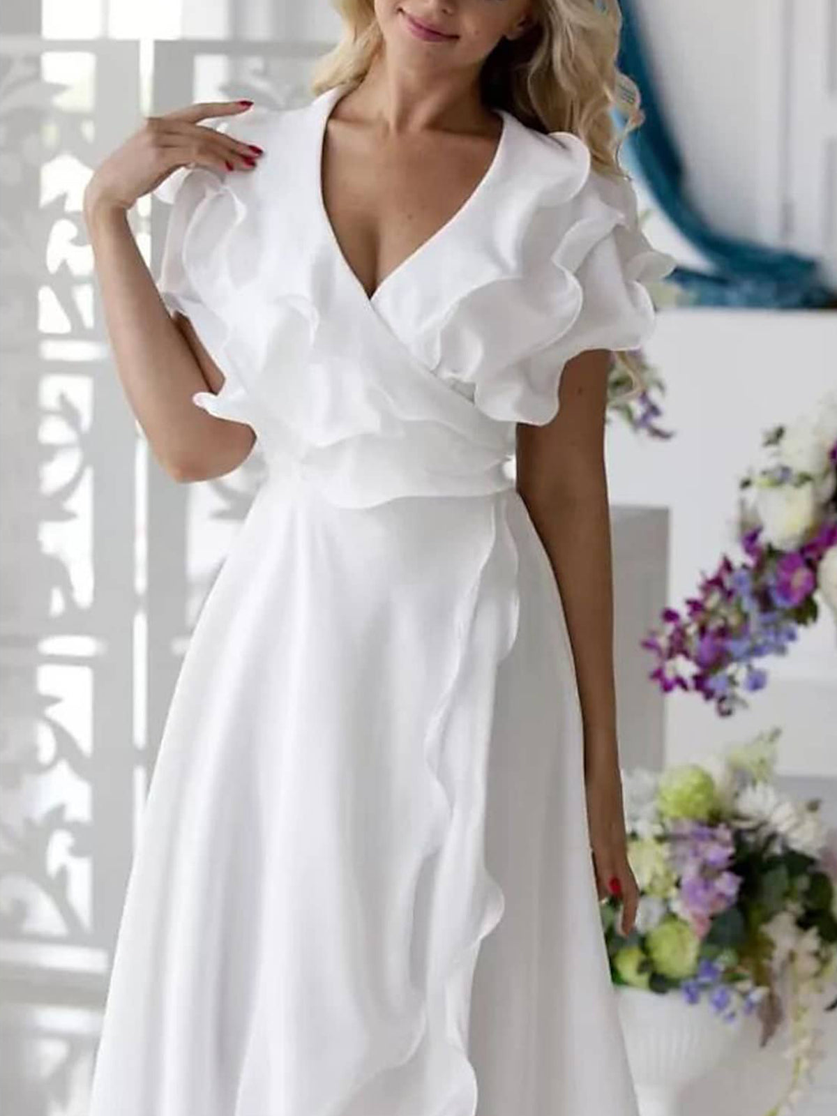 V Neck Chiffon Short Sleeve Ruffle Split Mother of the Bride Dress