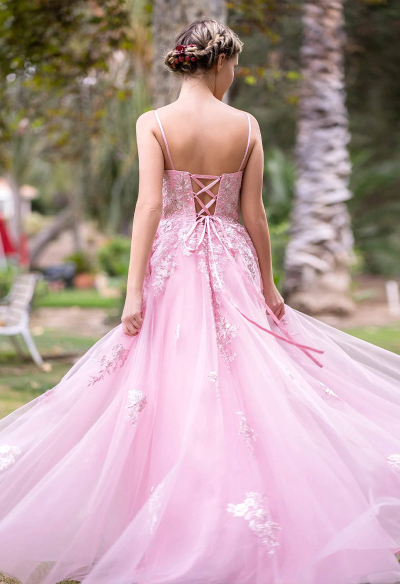 V Neck Sleeveless Tulle Appliqué A Line Floor Length Prom Dress