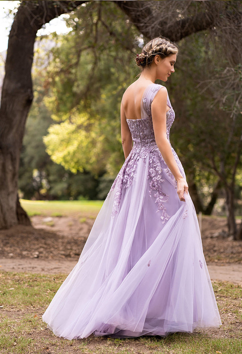 One Shoulder Sleeveless Tulle Appliqué A Line Floor Length Prom Dress