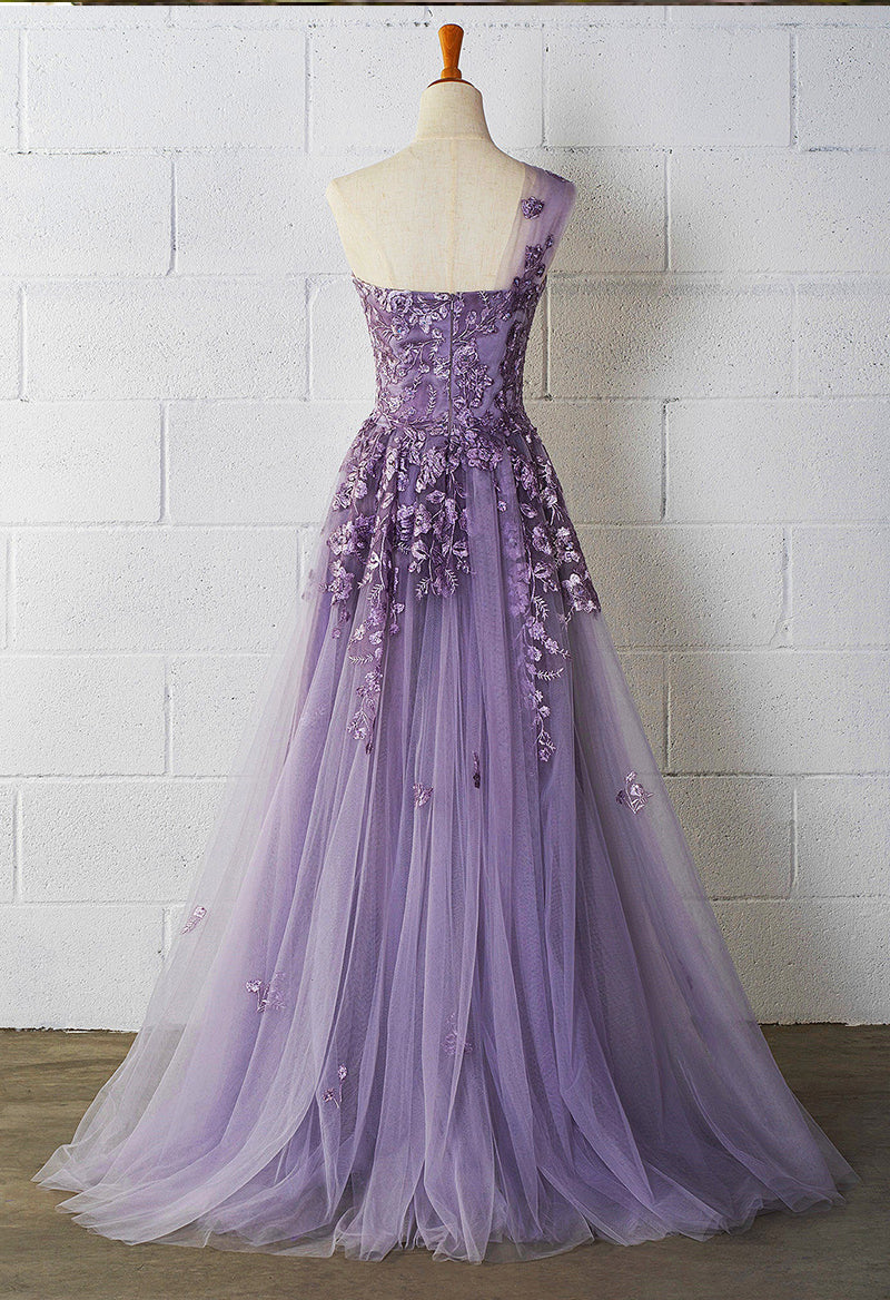 One Shoulder Sleeveless Tulle Appliqué A Line Floor Length Prom Dress