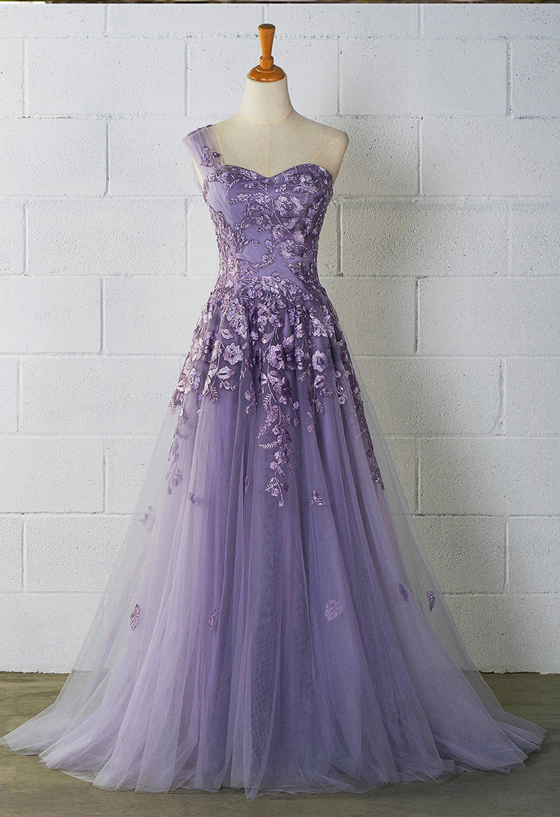 One Shoulder Sleeveless Tulle Appliqué A Line Floor Length Prom Dress