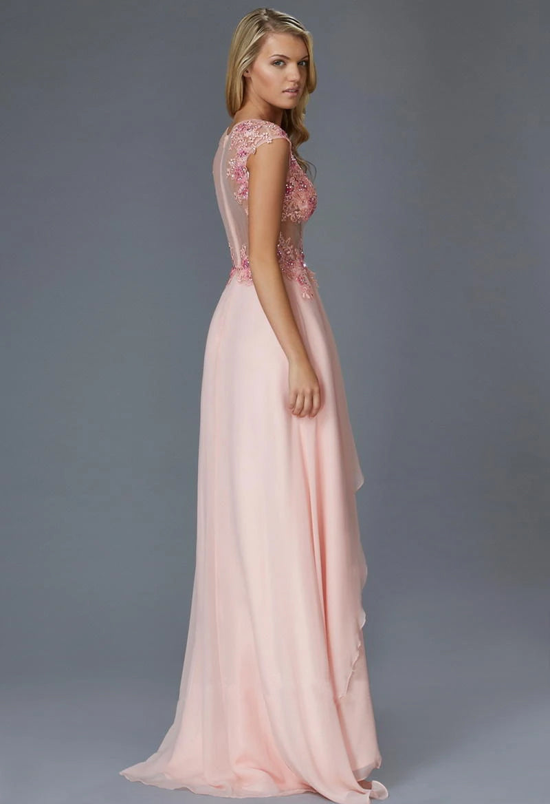 Ruffle Chiffon Satin Cap Sleeve Beaded Flowers Sweep Train Prom Dress