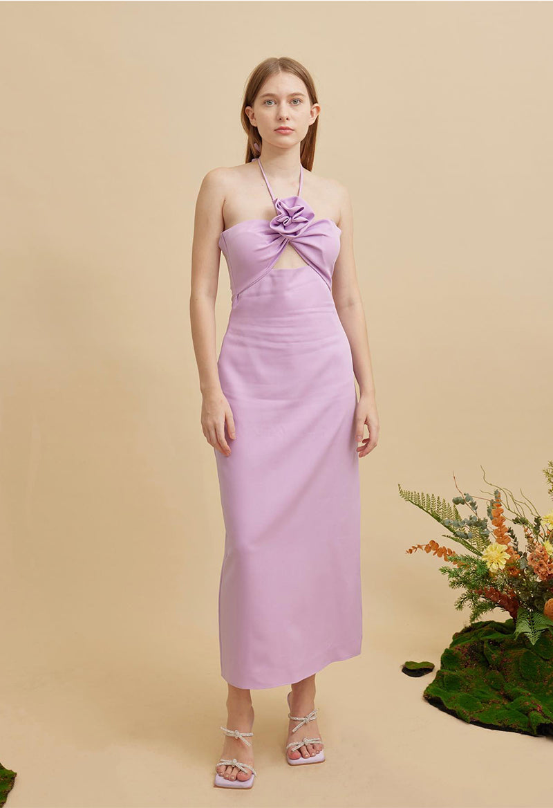 Halter Neck 3D Flower Sleeveless Chiffon Sheath Tea Length Bridesmaid Dress Purple