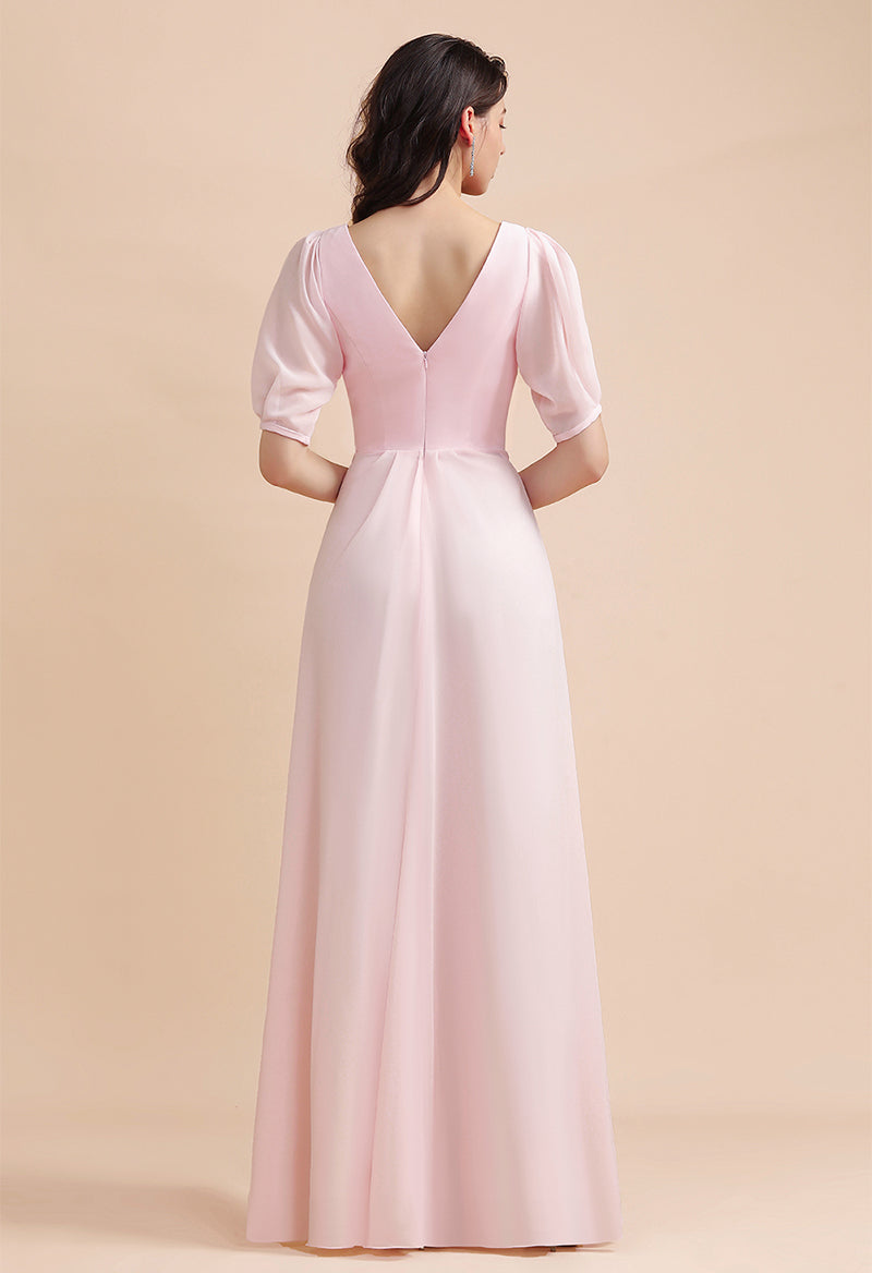 V-Neck Half-Sleeve Pleated A Line Floor Length Bridesmaid Dress