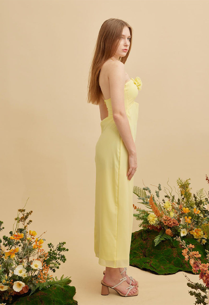 Yellow Chiffon Tea Length Dresses