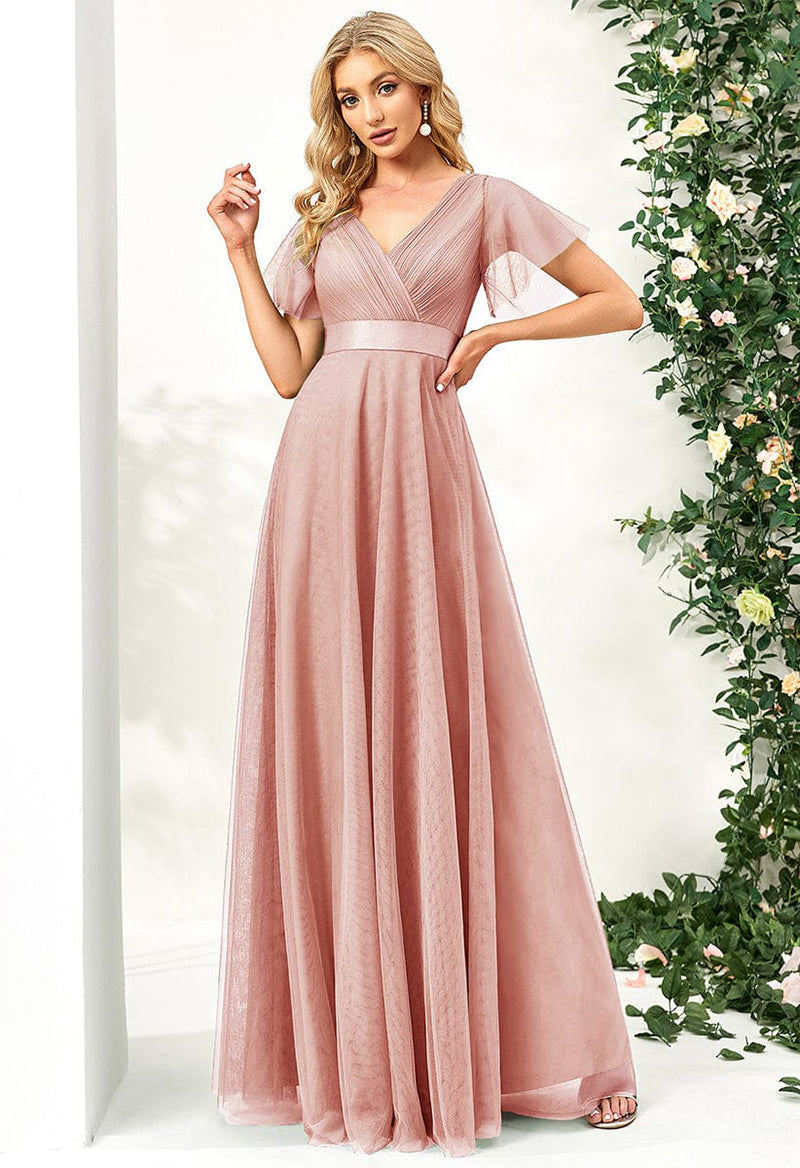 A Line V Neck Chiffon Pleated Short Sleeved Floor Length Bridesmaid Dress