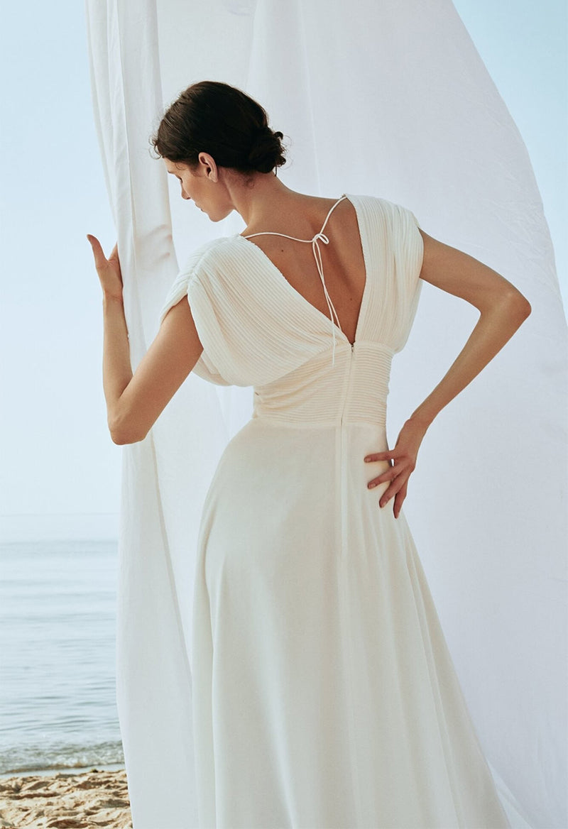 Deep V Neck Chiffon Short Sleeve A Line Floor Length Wedding Dress