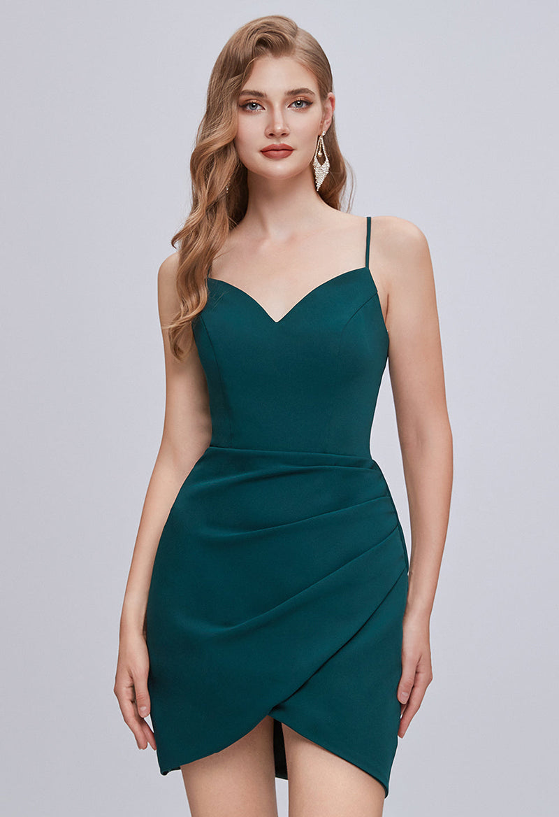 V Neck Sleeveless Pleated Satin Sheath Cross Back Short Homecoming Dress