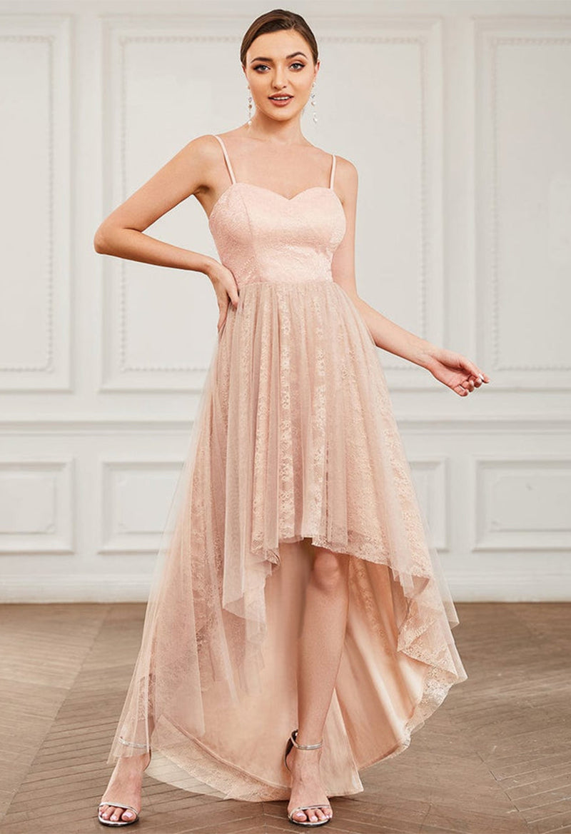 A Line Spaghetti Strap High And Low Sleeveless Tulle Bridesmaid Dress