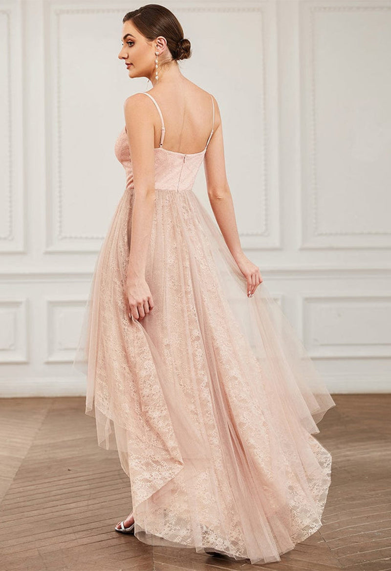 A Line Spaghetti Strap High And Low Sleeveless Tulle Bridesmaid Dress