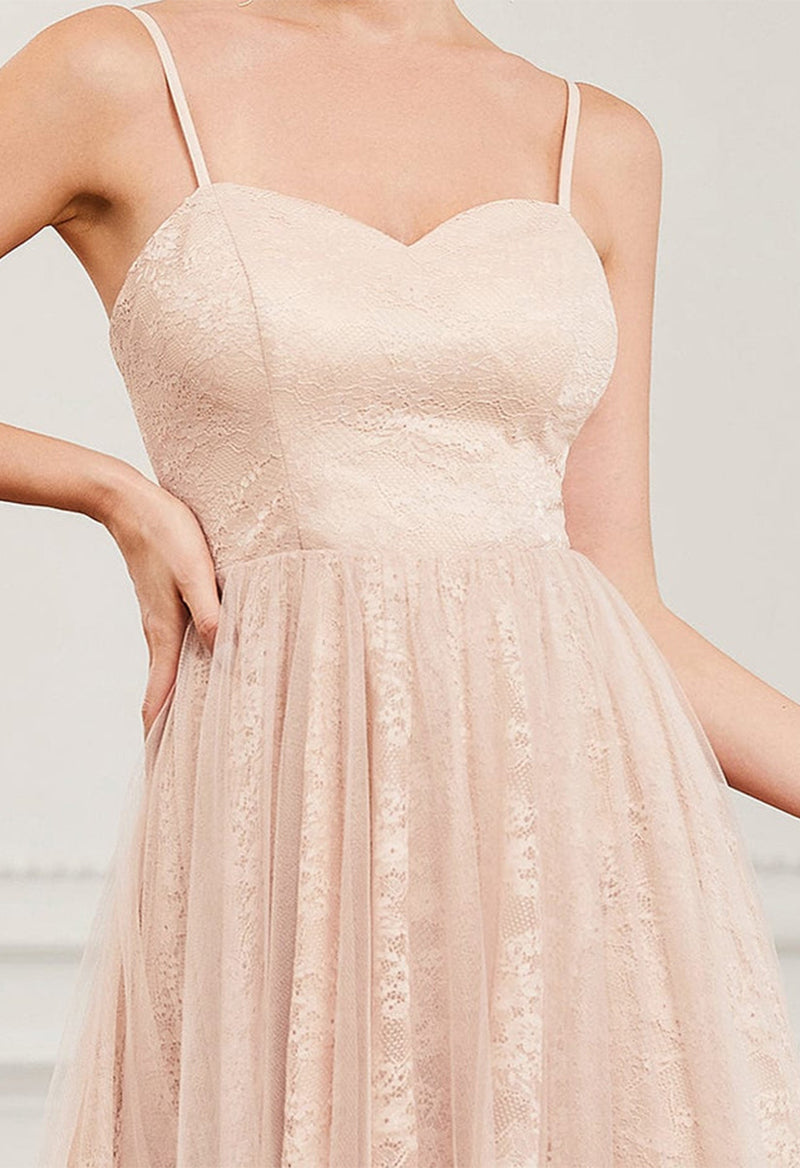 A Line Spaghetti Strap High And Low Sleeveless Tulle Bridesmaid Dress