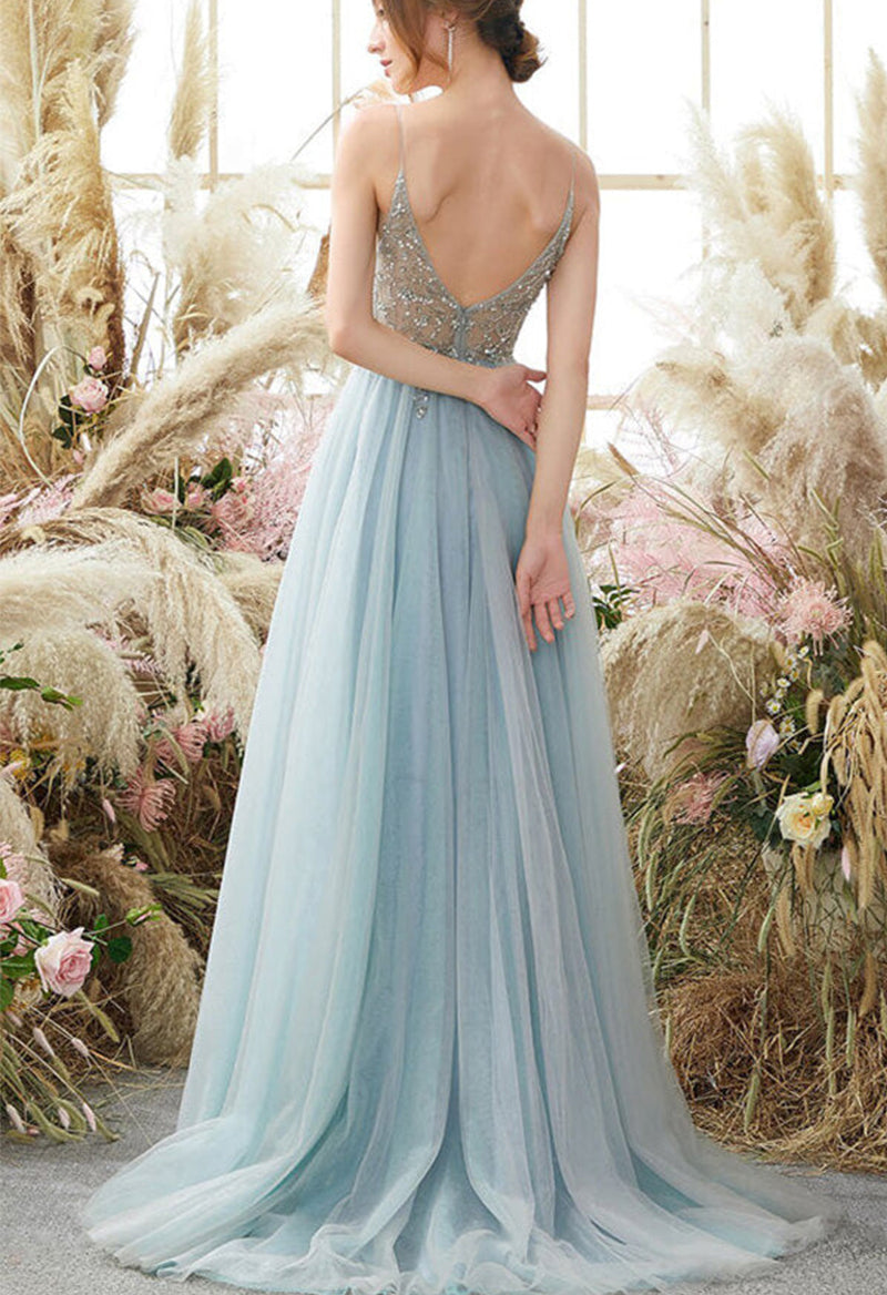 Tulle Sequin Slit V Neck Sweep Train Prom Dress